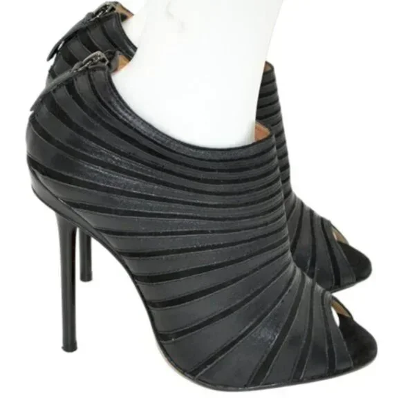 L.A.M.B. Stefani Y2K Black Leather Stiletto Peep Open Toe Booties Boots Heel 8.5 - Picture 6 of 11